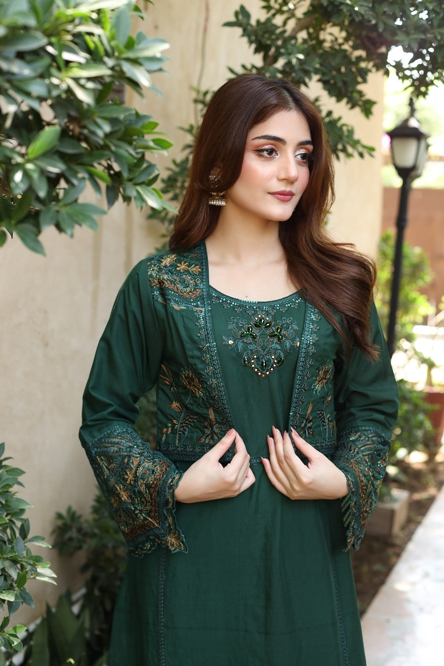 2 Piece Stitched Embroidered Dress - Green Oasis