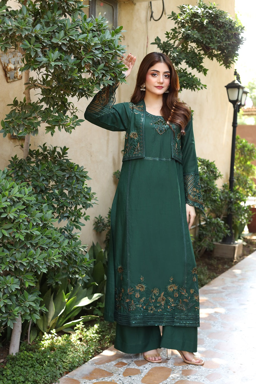 2 Piece Stitched Embroidered Dress - Green Oasis