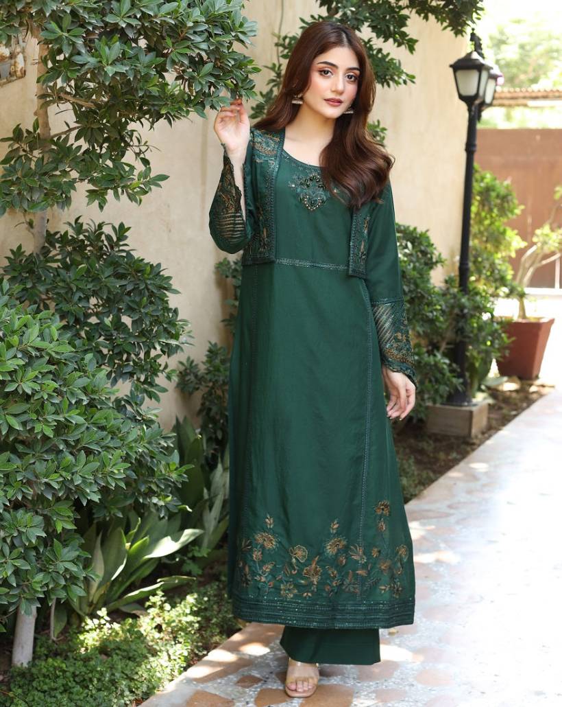 2 Piece Stitched Embroidered Dress - Green Oasis