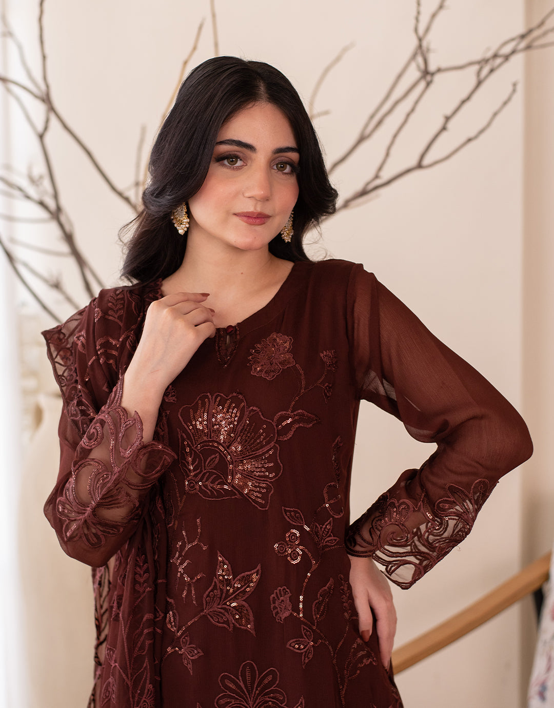 4 Piece Chiffon Embroidered Dress - Wine Whisper