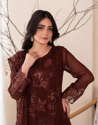 4 Piece Chiffon Embroidered Dress - Wine Whisper