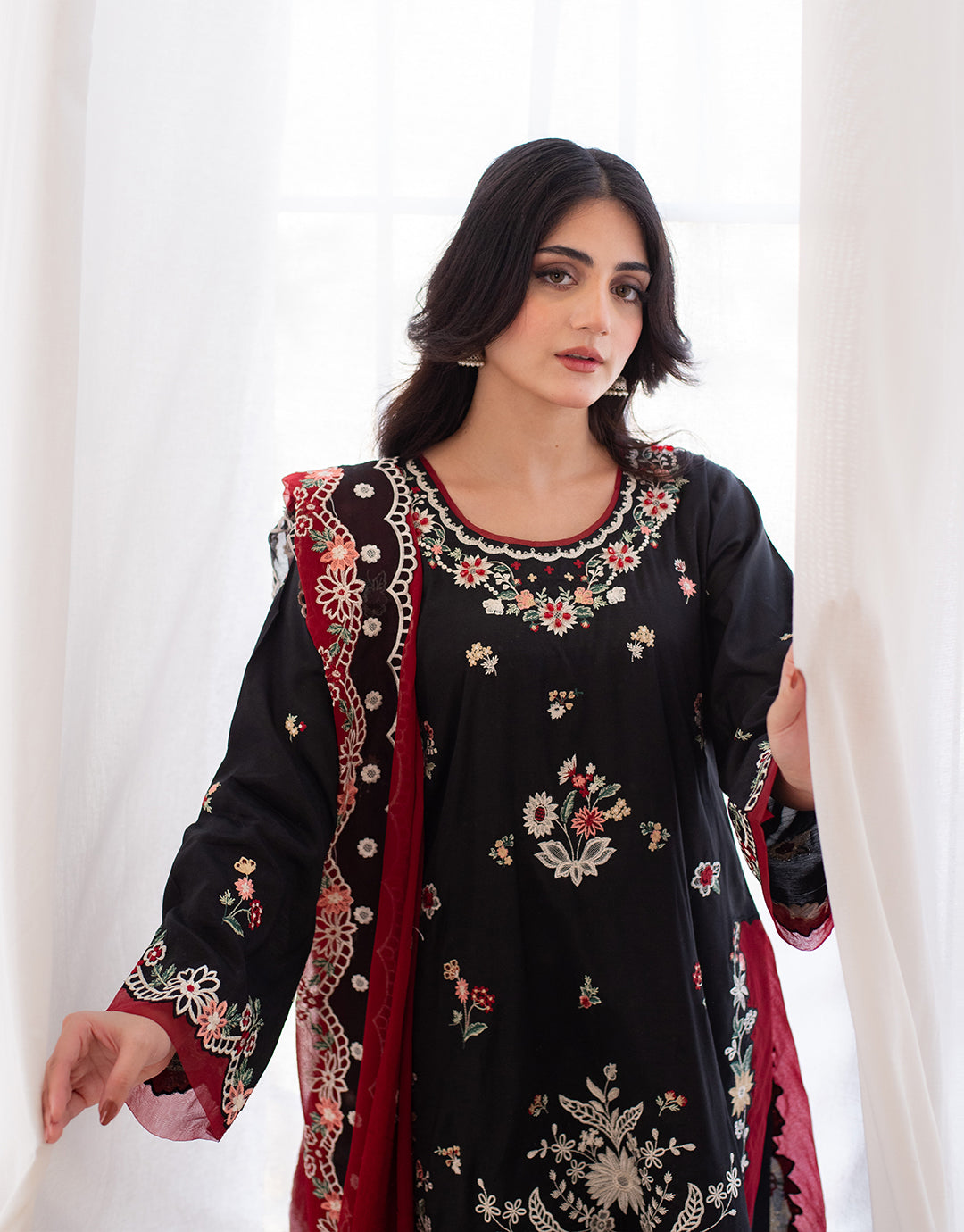 3 Piece Premium Raw Silk Embroidered Dress - Black Muse