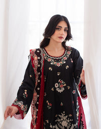 3 Piece Premium Raw Silk Embroidered Dress - Black Muse