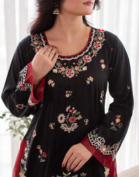 3 Piece Premium Raw Silk Embroidered Dress - Black Muse