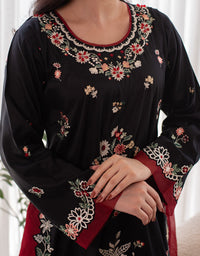 3 Piece Premium Raw Silk Embroidered Dress - Black Muse