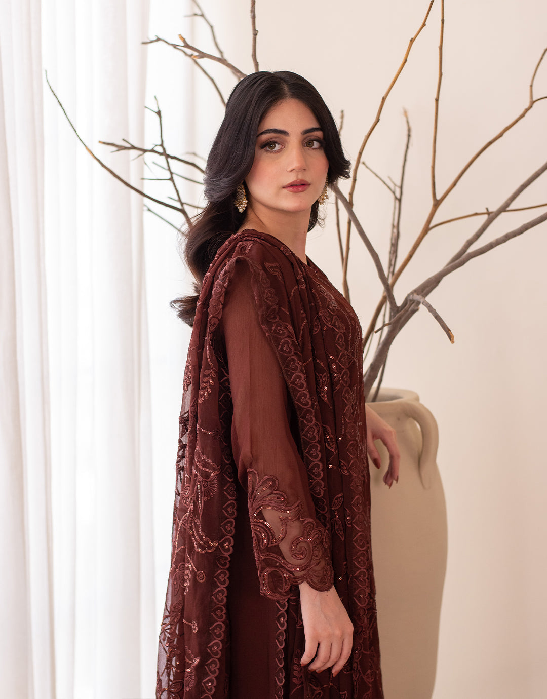 4 Piece Chiffon Embroidered Dress - Wine Whisper