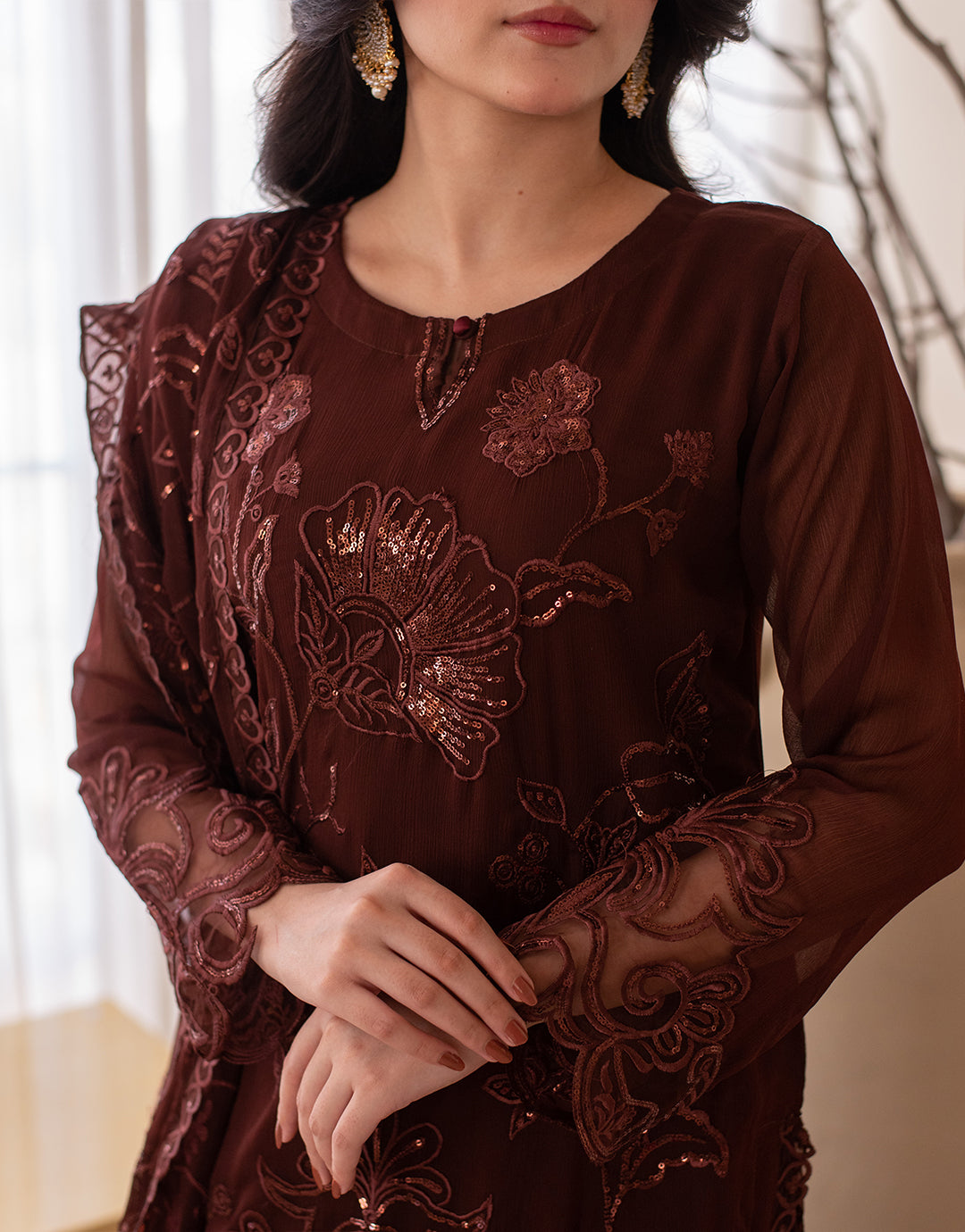 4 Piece Chiffon Embroidered Dress - Wine Whisper