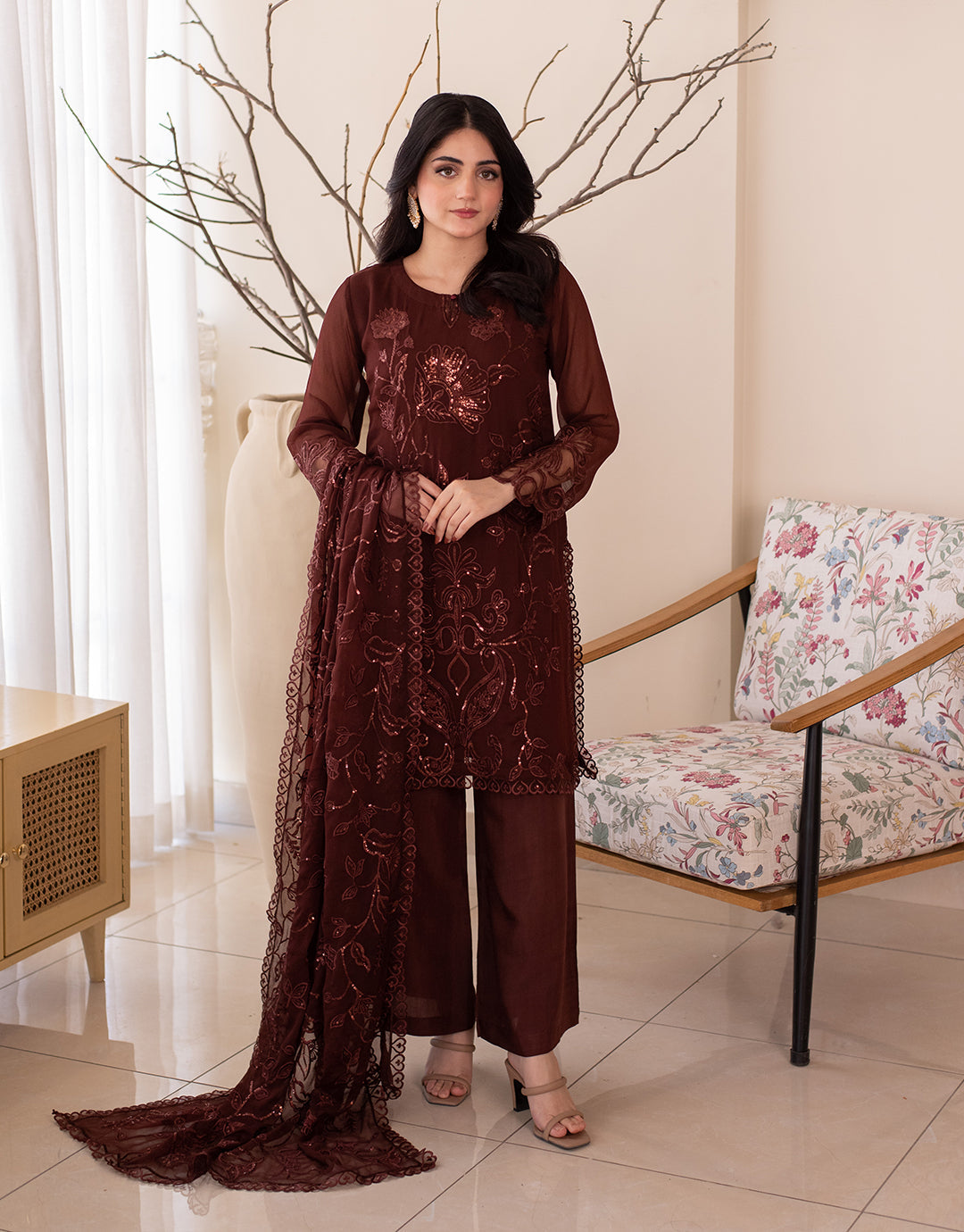 4 Piece Chiffon Embroidered Dress - Wine Whisper