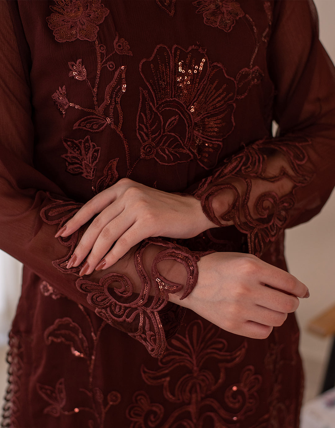 4 Piece Chiffon Embroidered Dress - Wine Whisper