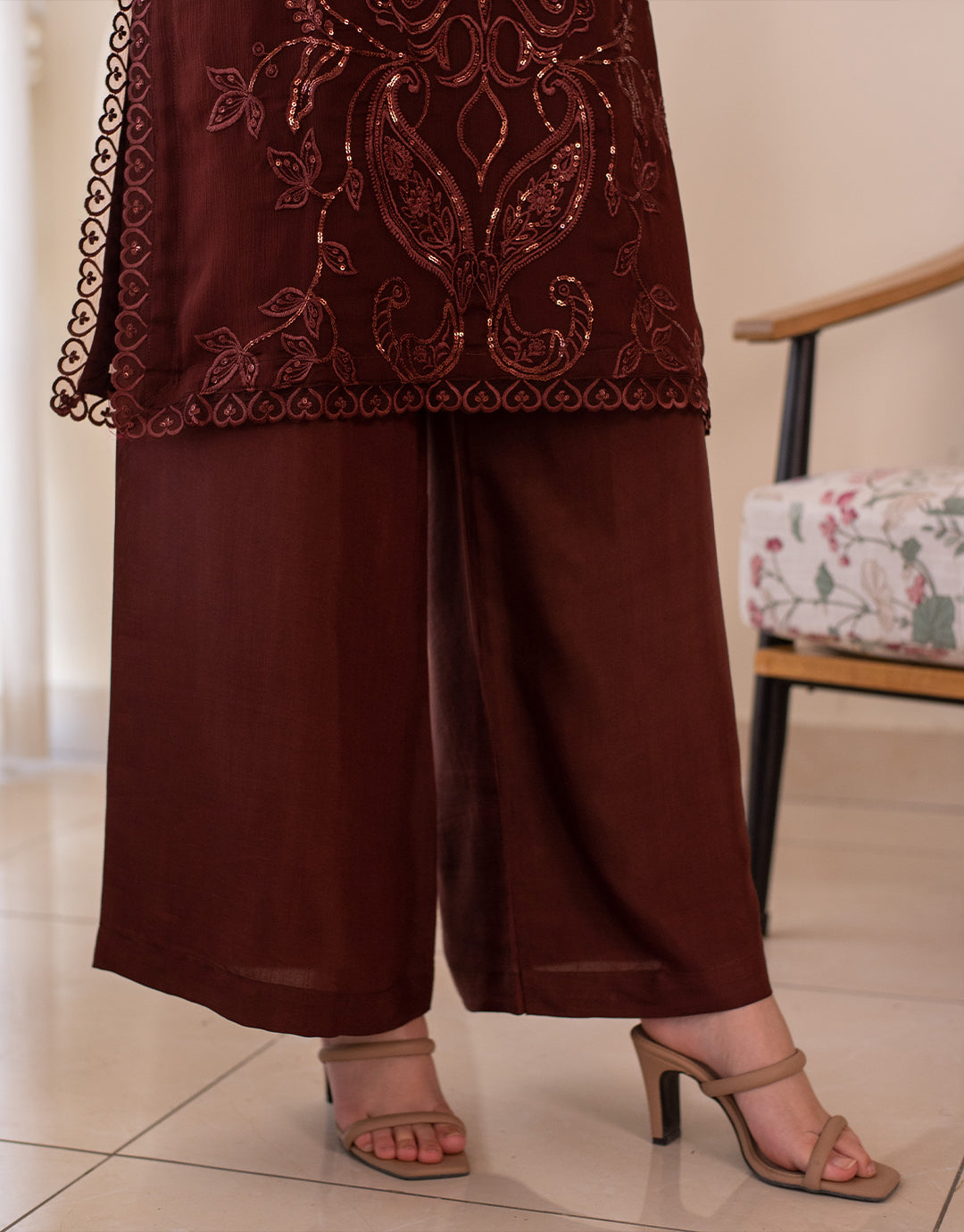 4 Piece Chiffon Embroidered Dress - Wine Whisper