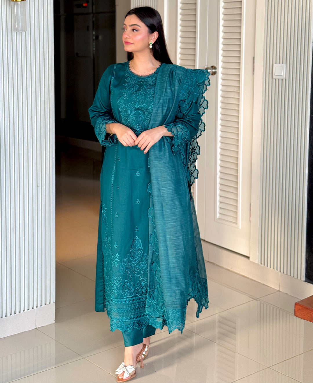 3 Piece Cotton Embroidered Dress - Teal Haze