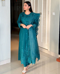 3 Piece Cotton Embroidered Dress - Teal Haze