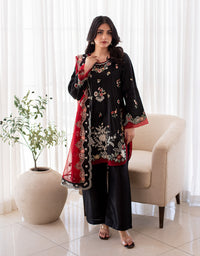 3 Piece Premium Raw Silk Embroidered Dress - Black Muse