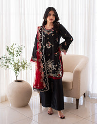 3 Piece Premium Raw Silk Embroidered Dress - Black Muse