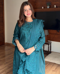 3 Piece Cotton Embroidered Dress - Teal Haze