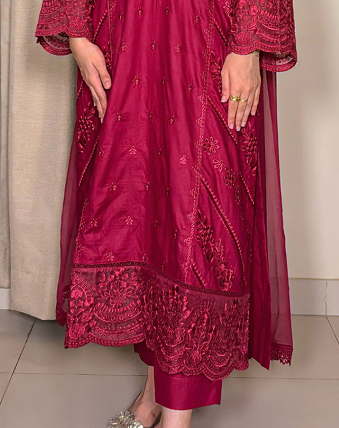 Three-piece women clothing set in Crimson Glaze by Libbasium, featuring stylish fabric and detailed design.