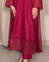 Three-piece women clothing set in Crimson Glaze by Libbasium, featuring stylish fabric and detailed design.