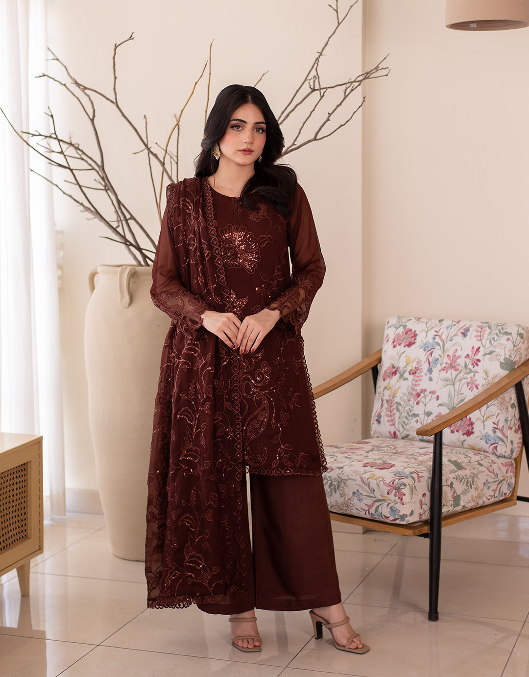 4 Piece Chiffon Embroidered Dress - Wine Whisper