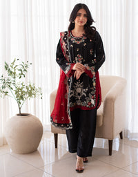 3 Piece Premium Raw Silk Embroidered Dress - Black Muse