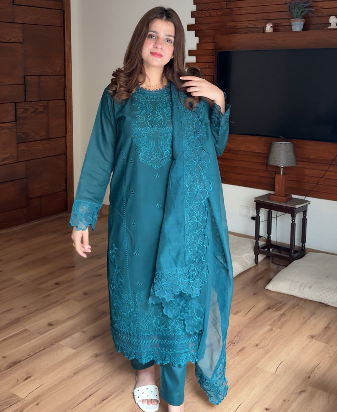 3 Piece Cotton Embroidered Dress - Teal Haze