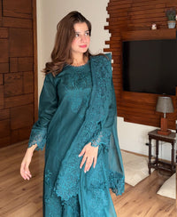 3 Piece Cotton Embroidered Dress - Teal Haze
