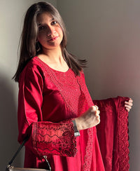 4 Piece Viscose Embroidered Dress - Dusk Rose