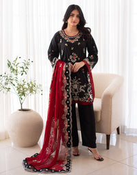 3 Piece Premium Raw Silk Embroidered Dress - Black Muse