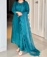 3 Piece Cotton Embroidered Dress - Teal Haze