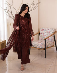 4 Piece Chiffon Embroidered Dress - Wine Whisper
