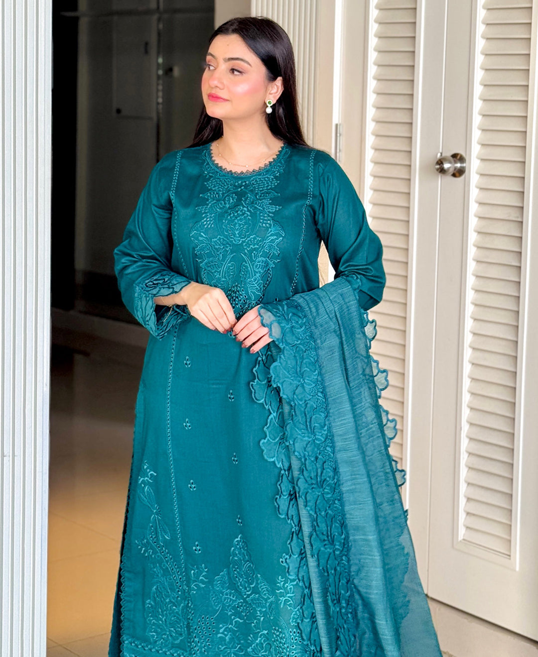 3 Piece Cotton Embroidered Dress - Teal Haze