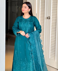 3 Piece Cotton Embroidered Dress - Teal Haze