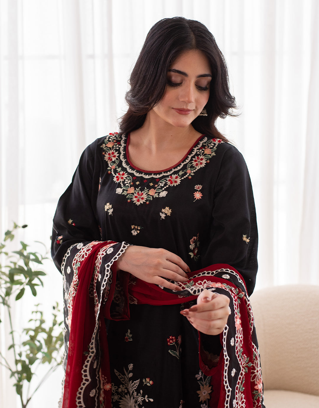 3 Piece Premium Raw Silk Embroidered Dress - Black Muse