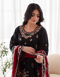 3 Piece Premium Raw Silk Embroidered Dress - Black Muse