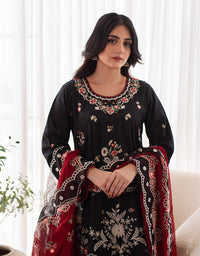 3 Piece Premium Raw Silk Embroidered Dress - Black Muse
