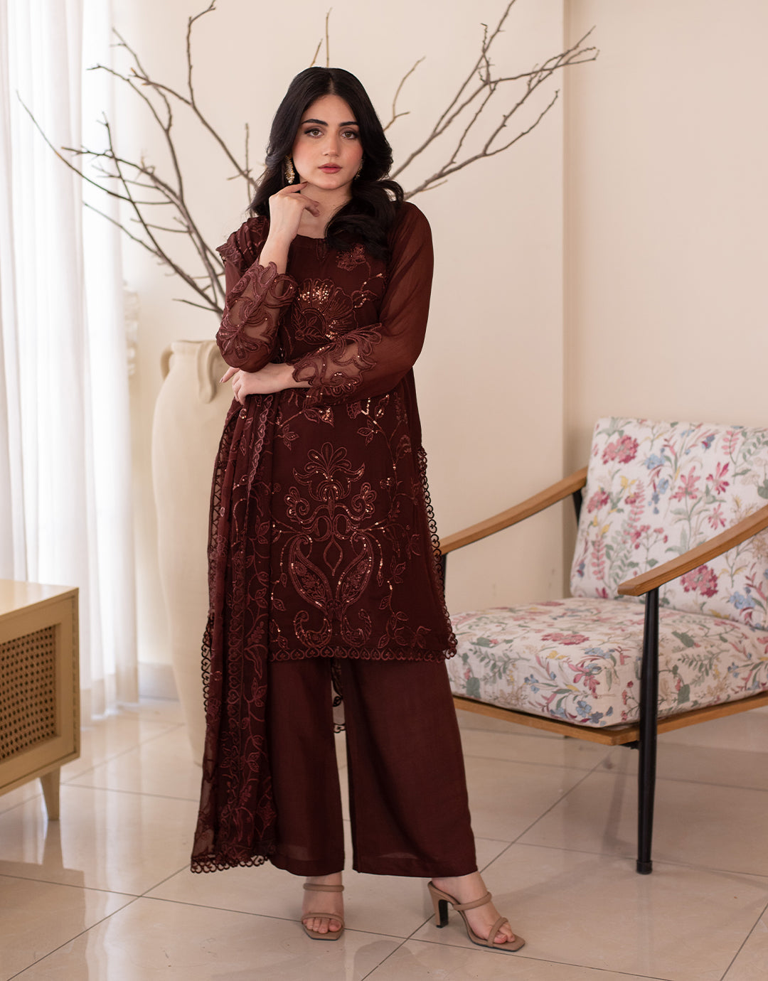4 Piece Chiffon Embroidered Dress - Wine Whisper