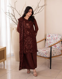 4 Piece Chiffon Embroidered Dress - Wine Whisper