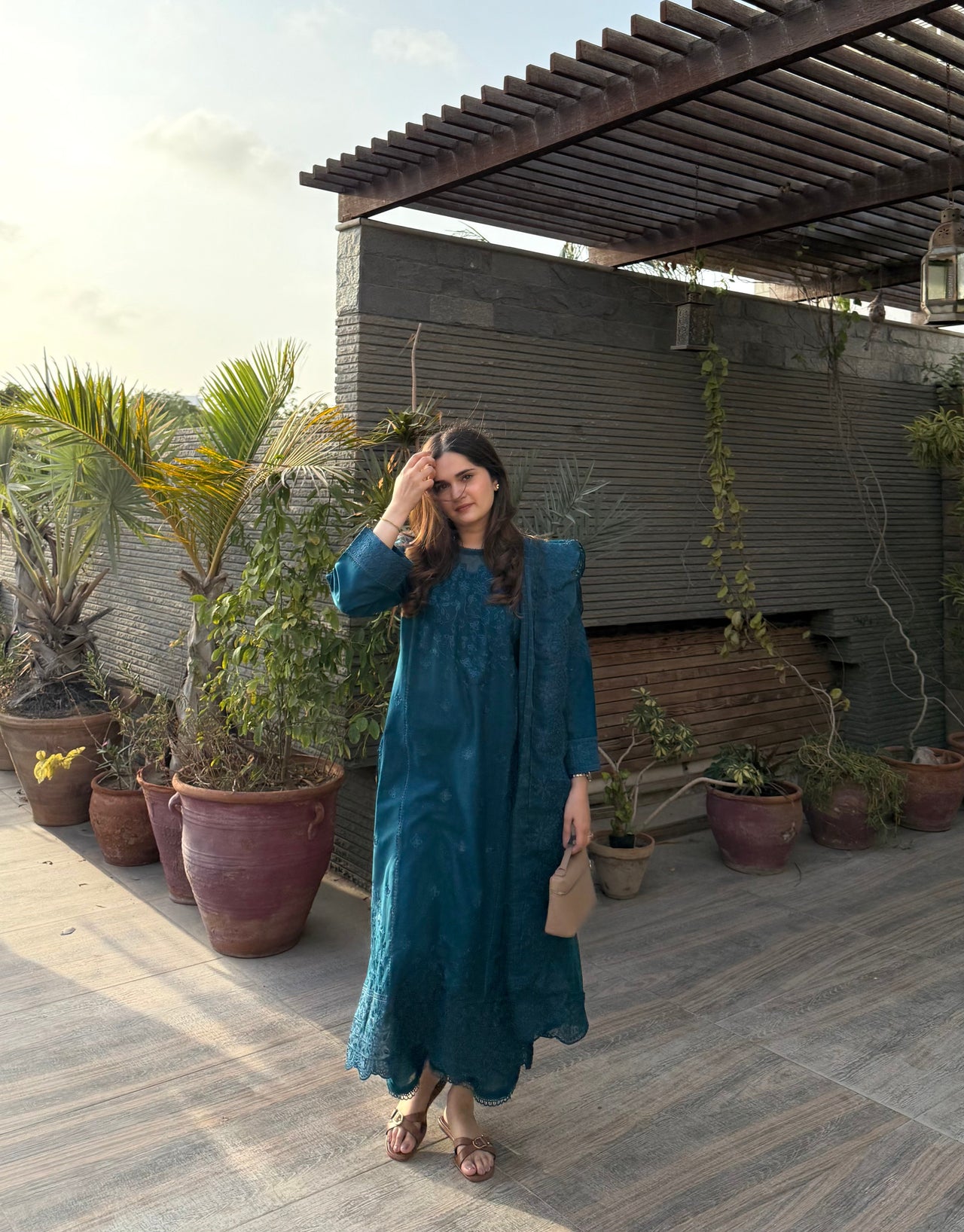 3 Piece Cotton Embroidered Dress - Teal Whisper
