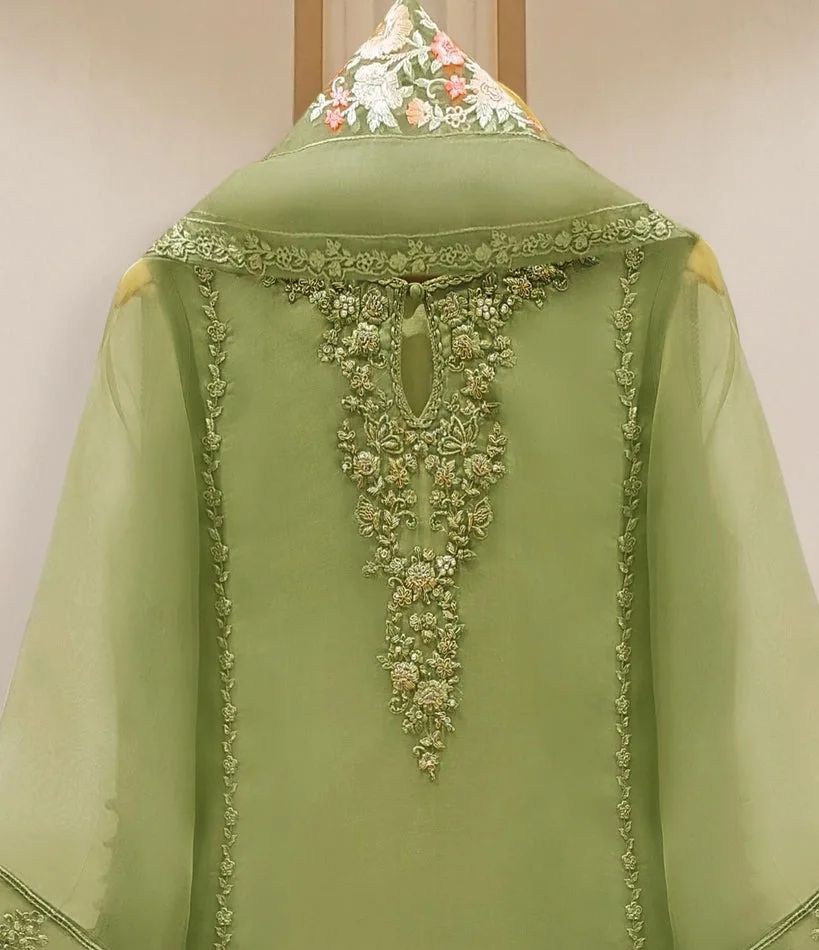 4 Piece Stitched Organza Embroidered Dress, GR-16 in Pista Green