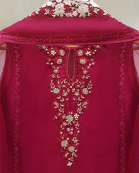 4 Piece Stitched Organza Embroidered Dress, BL-16 in Shocking Red