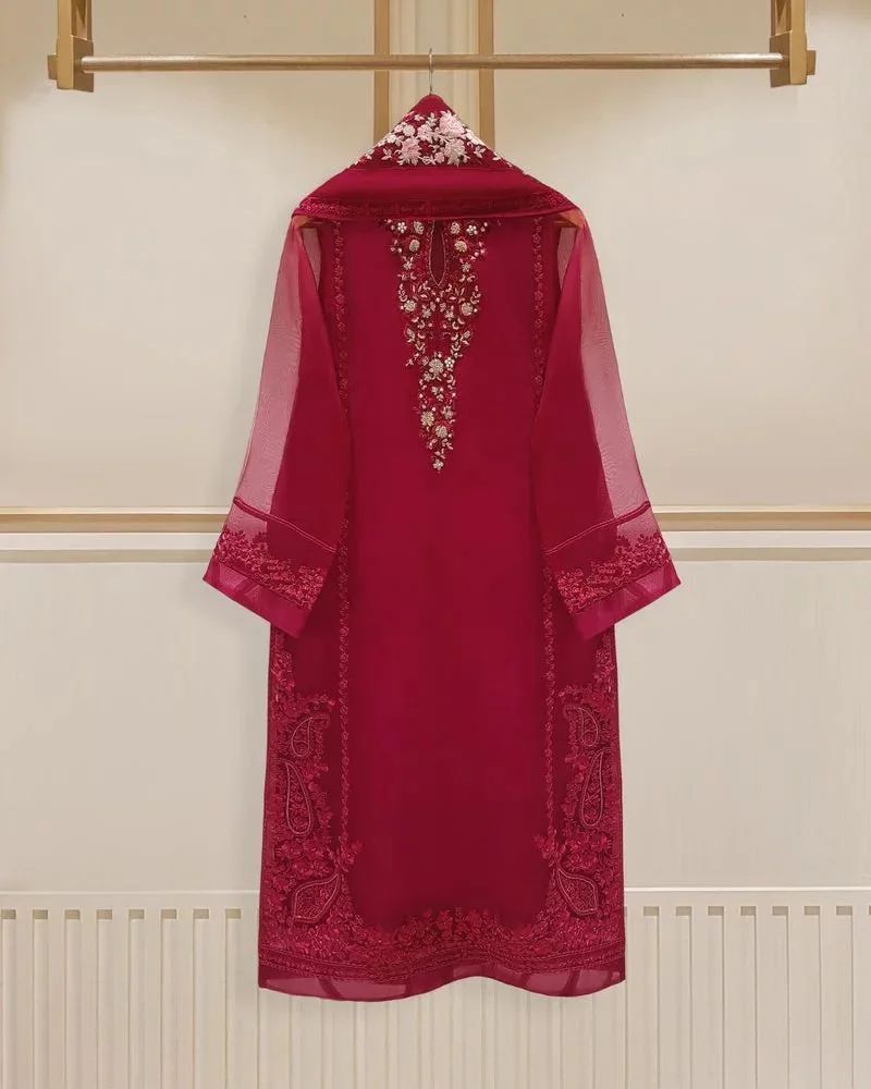 4 Piece Stitched Organza Embroidered Dress, BL-16 in Shocking Red – libbasium