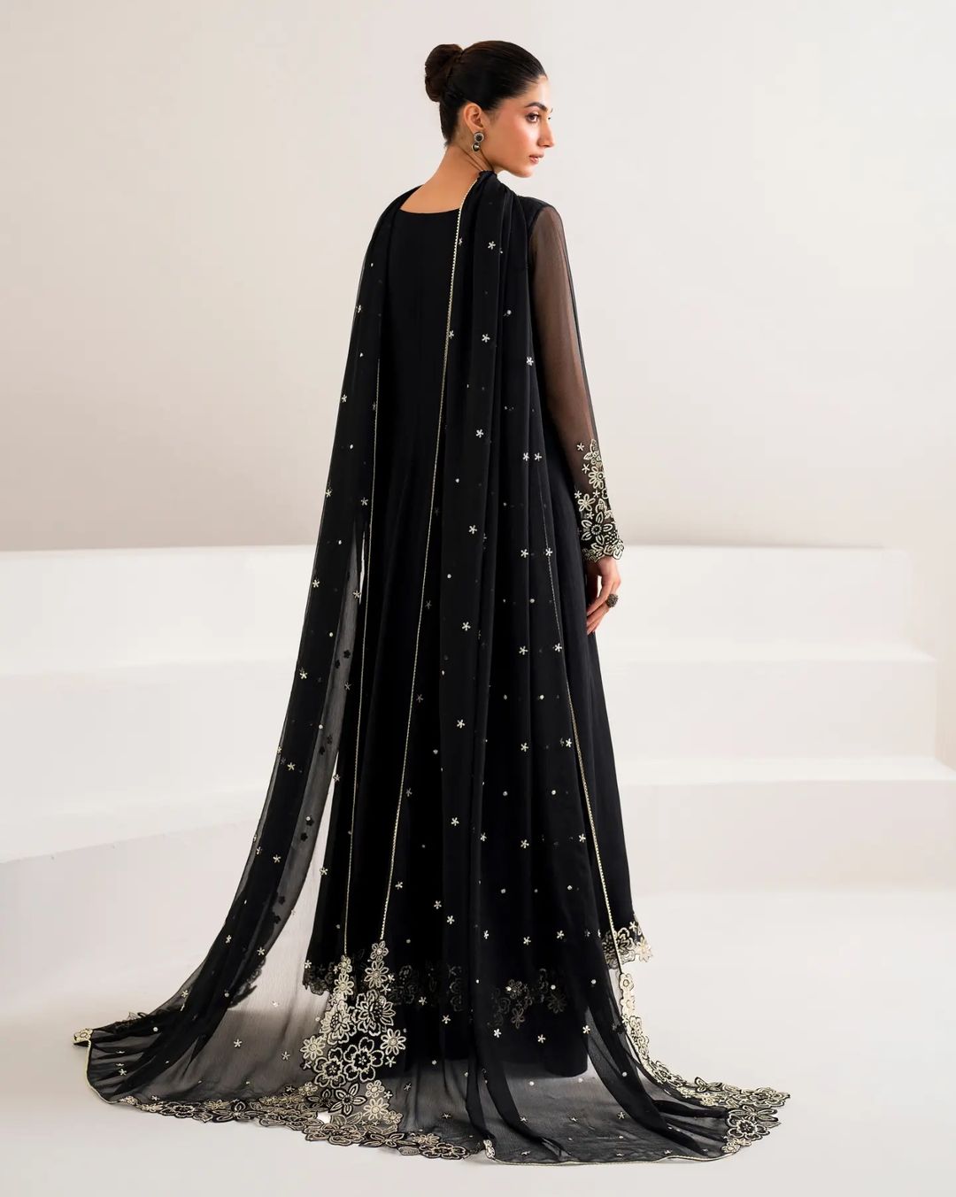 4 Piece Chiffon Embroidered Frock - Black Core