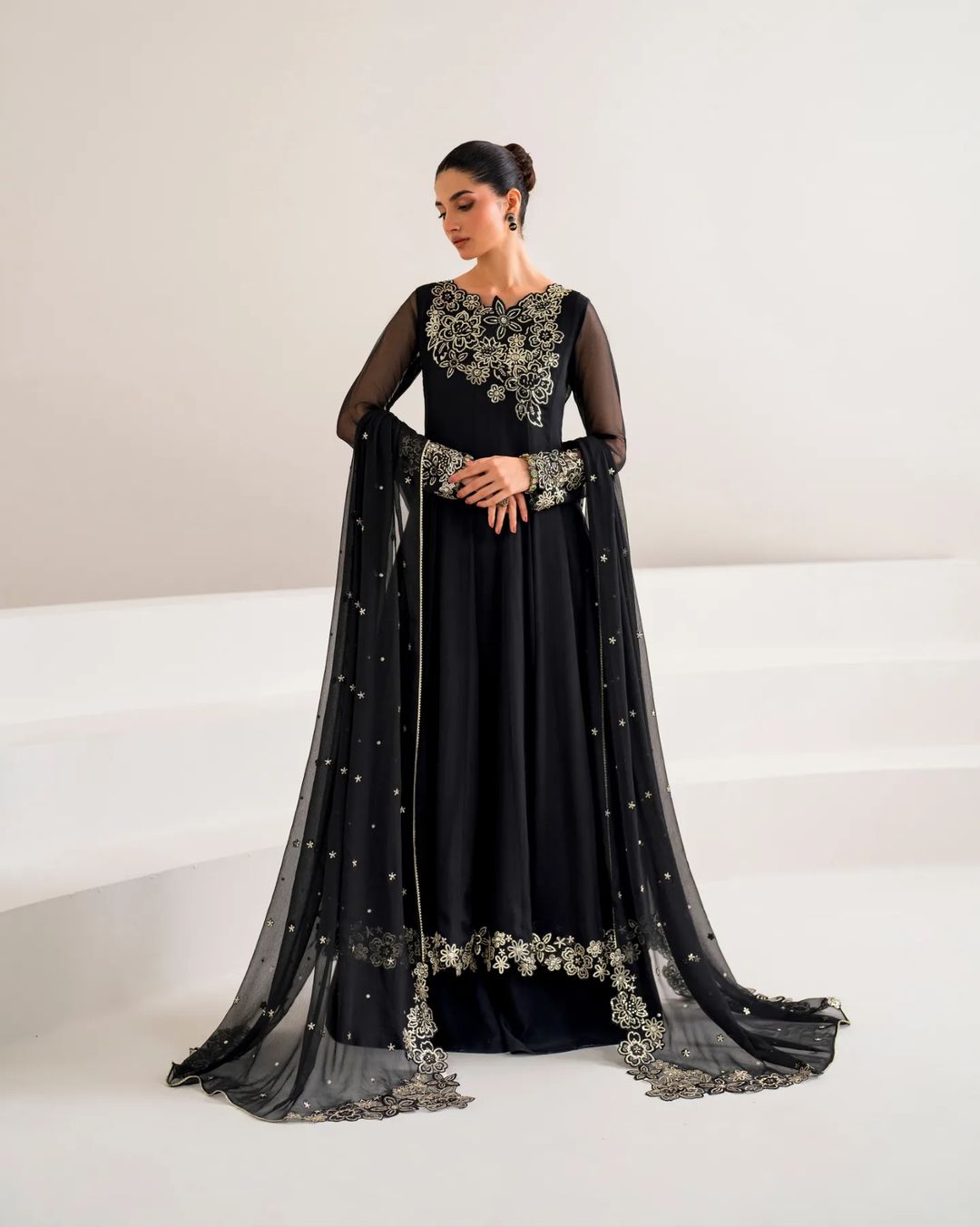 4 Piece Chiffon Embroidered Frock - Black Core
