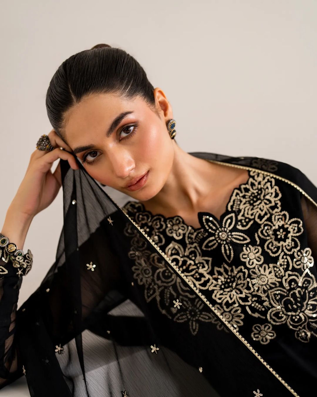 4 Piece Chiffon Embroidered Frock - Black Core