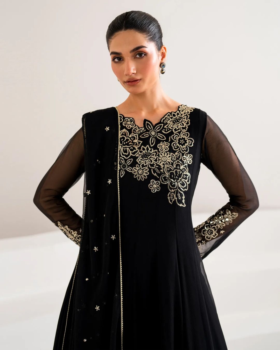 4 Piece Chiffon Embroidered Frock - Black Core