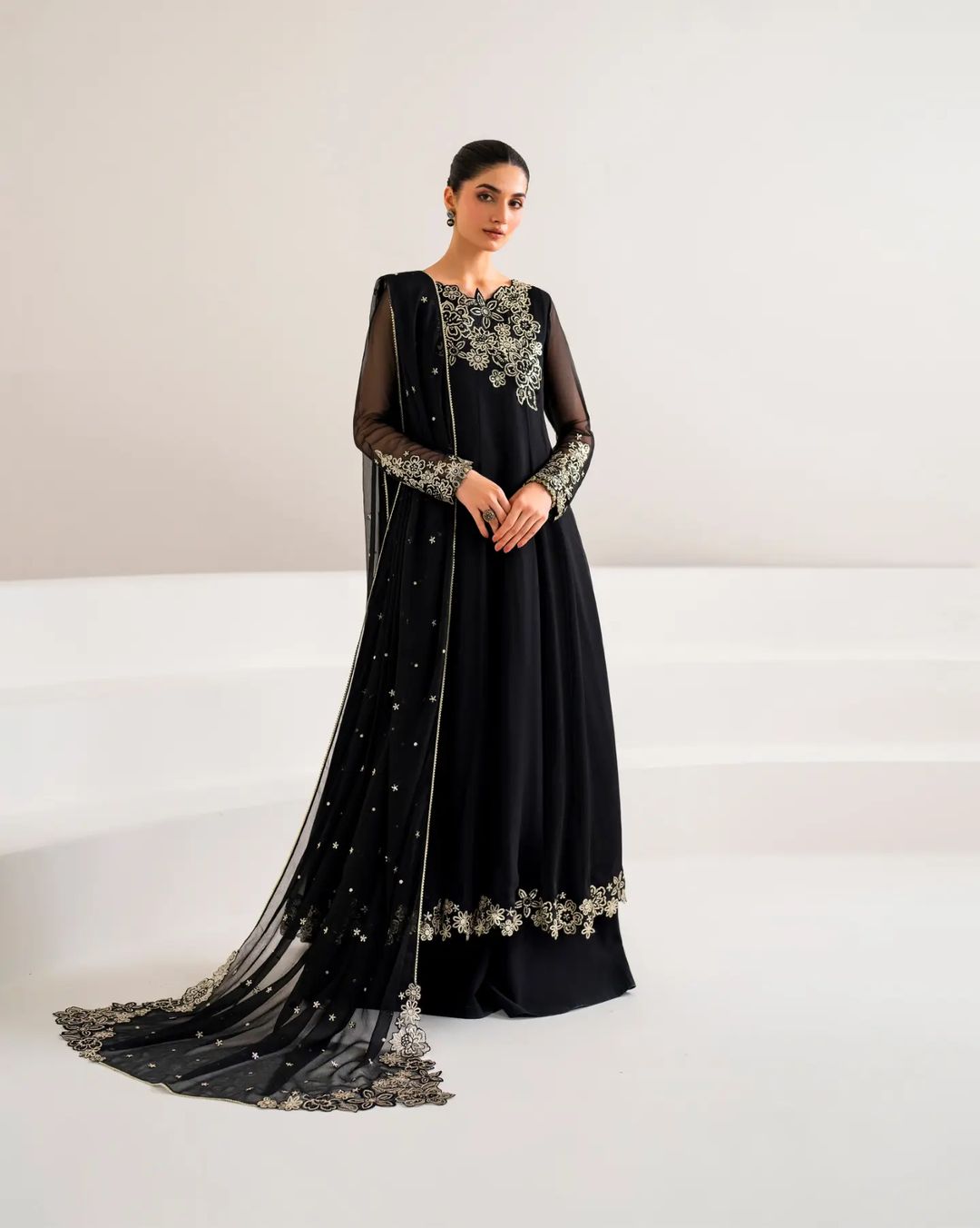 4 Piece Chiffon Embroidered Frock - Black Core