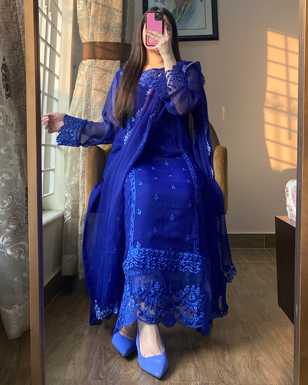 4 Piece Chiffon Embroidered Dress - Navy Delight