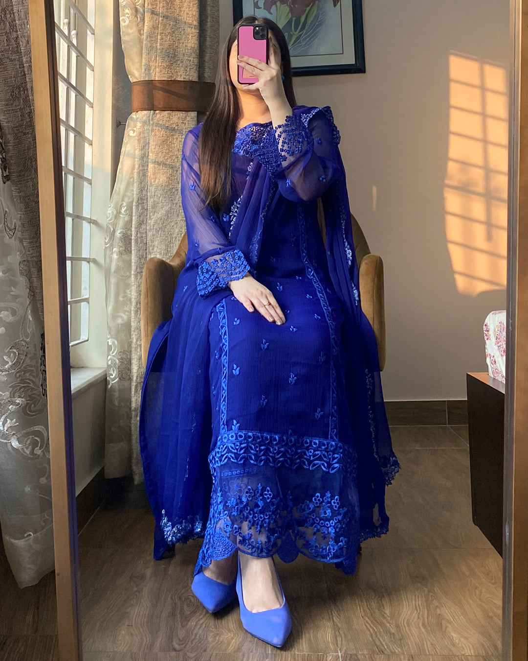 4 Piece Chiffon Embroidered Dress - Navy Delight