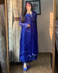 4 Piece Chiffon Embroidered Dress - Navy Delight