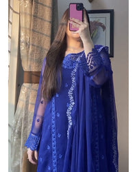 4 Piece Chiffon Embroidered Dress - Navy Delight